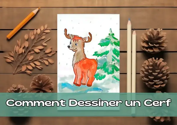 Un dessin de cerf de Noël, avec des crayons et des pommes de pin, sur un fond de bois.
