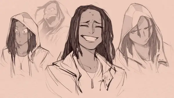 Un dessin facile de personnages montrant quatre expressions d'une personne aux dreadlocks, passant de la surprise à la joie intense, puis à la tristesse.