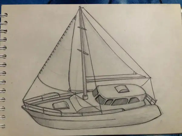 Un dessin au crayon d'un voilier avec ses voiles gonflées par le vent, prêt à naviguer.