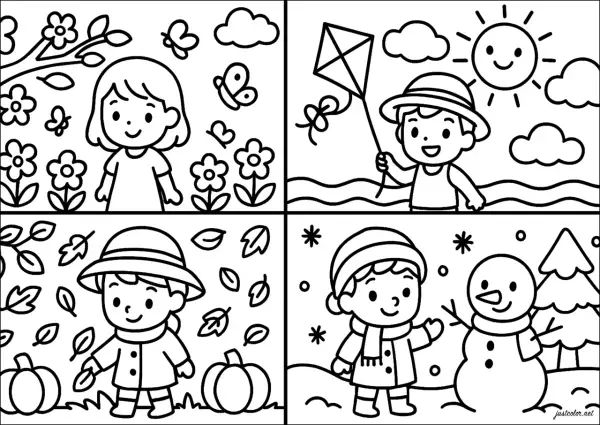 Un dessin 4 saisons facile : une fille au printemps, un garçon en été avec un cerf-volant, un autre garçon en automne avec des feuilles, et un dernier en hiver avec un bonhomme de neige.
