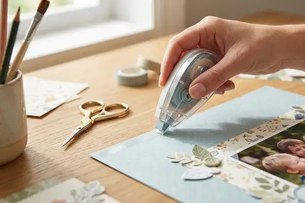 Main d'une personne appliquant de la colle sur un projet de scrapbooking, utilisant la **technique collage papier**. Ciseaux dorés et rouleaux de ruban adhésif à proximité.