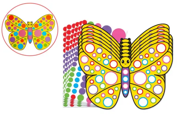 Papillons jaunes décorés de cercles colorés, prêts à être personnalisés. Un set de stickers en demi format A4 pour créer des œuvres vives.