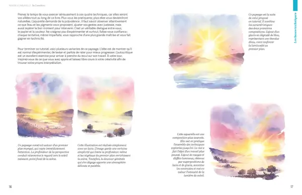 Aquarelles de paysages ensoleillés, illustrant la technique de peinture à l'eau pour capturer la lumière.