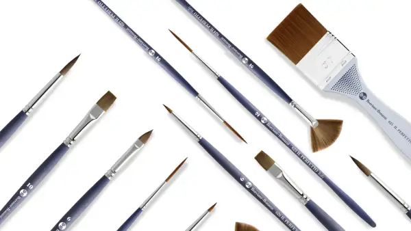 Un assortiment de pinceaux de différentes tailles et formes, dont un pinceau à lavis, pour des créations artistiques.