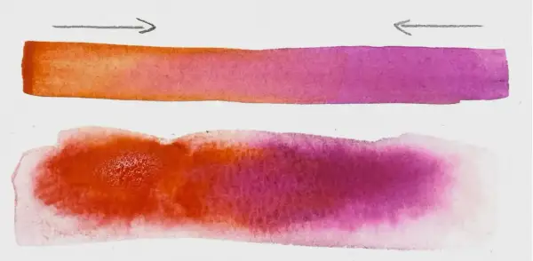 Deux bandes d'aquarelle, une nette et une diffuse, montrent la transition du orange au violet. L'art de peindre une aquarelle.