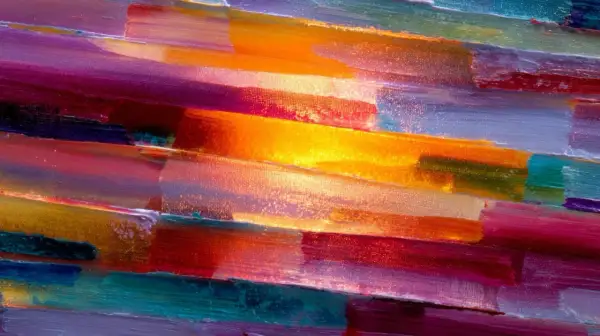 Peinture abstraite connue aux couleurs vives, évoquant un coucher de soleil vibrant. Les coups de pinceau épais créent une texture riche.