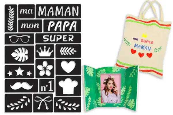 Ensemble de pochoirs pour créer un cadeau personnalisé : "ma SUPER maman" sur un tote bag, avec des motifs variés pour un dessin pochoir facile.