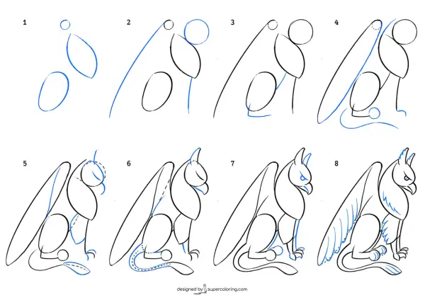 Étapes pour un griffon dessin facile. De simples formes guident la création de cette créature mythique.